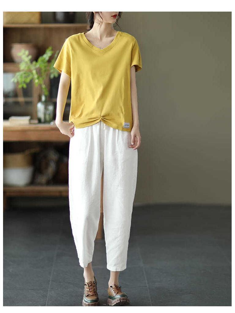 Женские повседневные летние брюки-шаровары из стираного хлопка с эластичной талией и шнуровкой