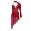 Womens Lyrical Dance Rhinestones Bodysuit Dress Single Long Sleeve Irregular Mesh Hem Dress