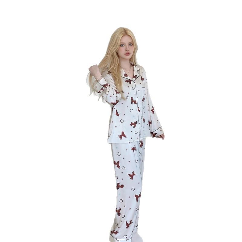 Ice silk pajamas women's spring and autumn printing thin long-sleeved trousers suit can be worn outside in the Year of the Horse, loungewear, high-end