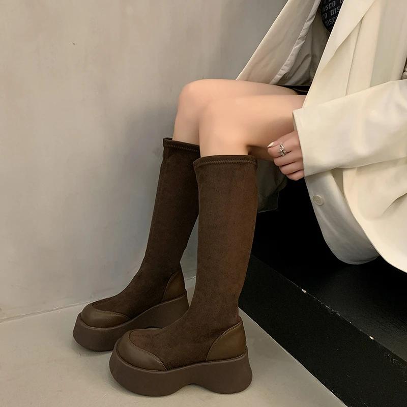 Suede Knee-length Women's Winter Plush Motorcycle Boots Thick Sole Wedge Socks Mid-calf Short Boots Autumn and Spring Shoes 2024