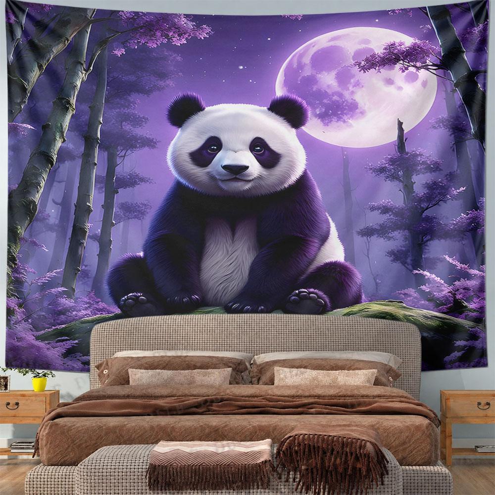 Panda Under Purple Moonlit Forest Pattern Wall Hanging Tapestry Decorative Tapestry Home Decor for Bedroom and Living Room