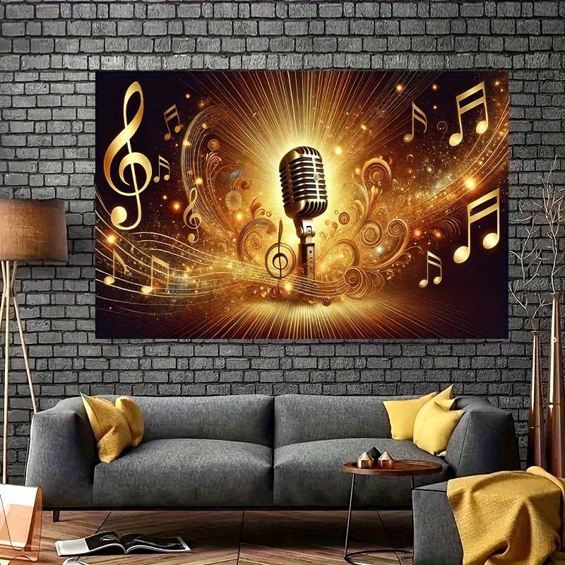 2D Flat Banner 1 piece - Retro microphone and musical note party banner background - Gold/Black shiny star design