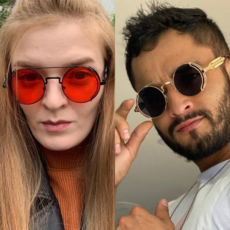 Новые стимпанк солнцезащитные очки мужские круглые красные линзы панк солнцезащитные очки черные готический стиль женские UV400 солнцезащитные очки