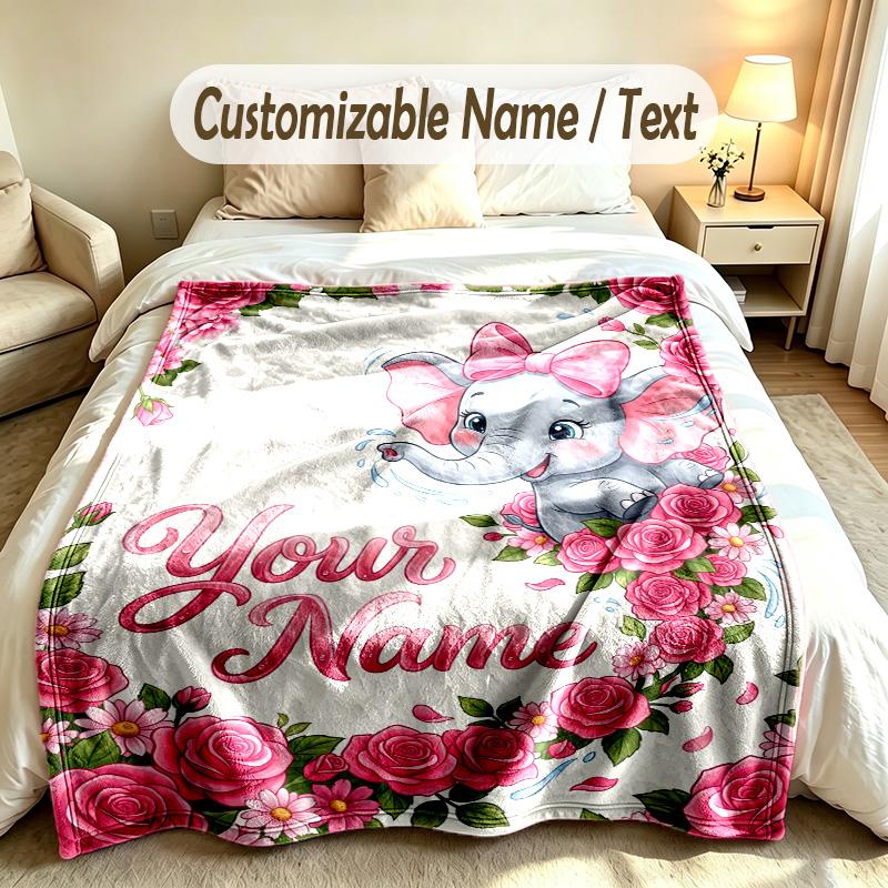 Elephant Theme Soft Blanket Personalized Custom Name Text Print Warm Blanket Home Sofa Bedroom Decor
