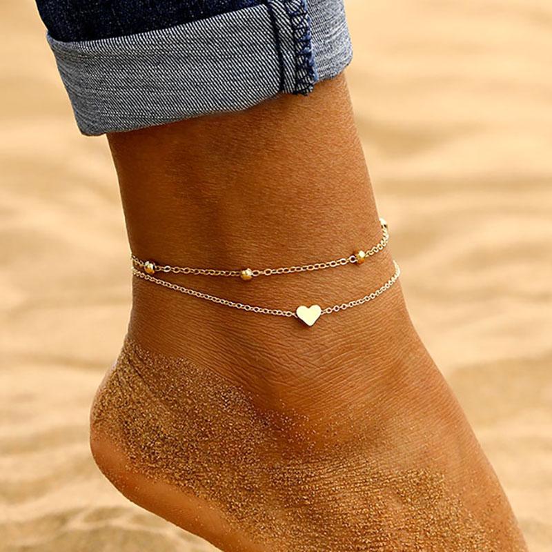 Summer Beach Golden Round Bead Foot Chain Simple Temperament Heart-shaped Anklet Multi-layer Thin Chain Woman ARI