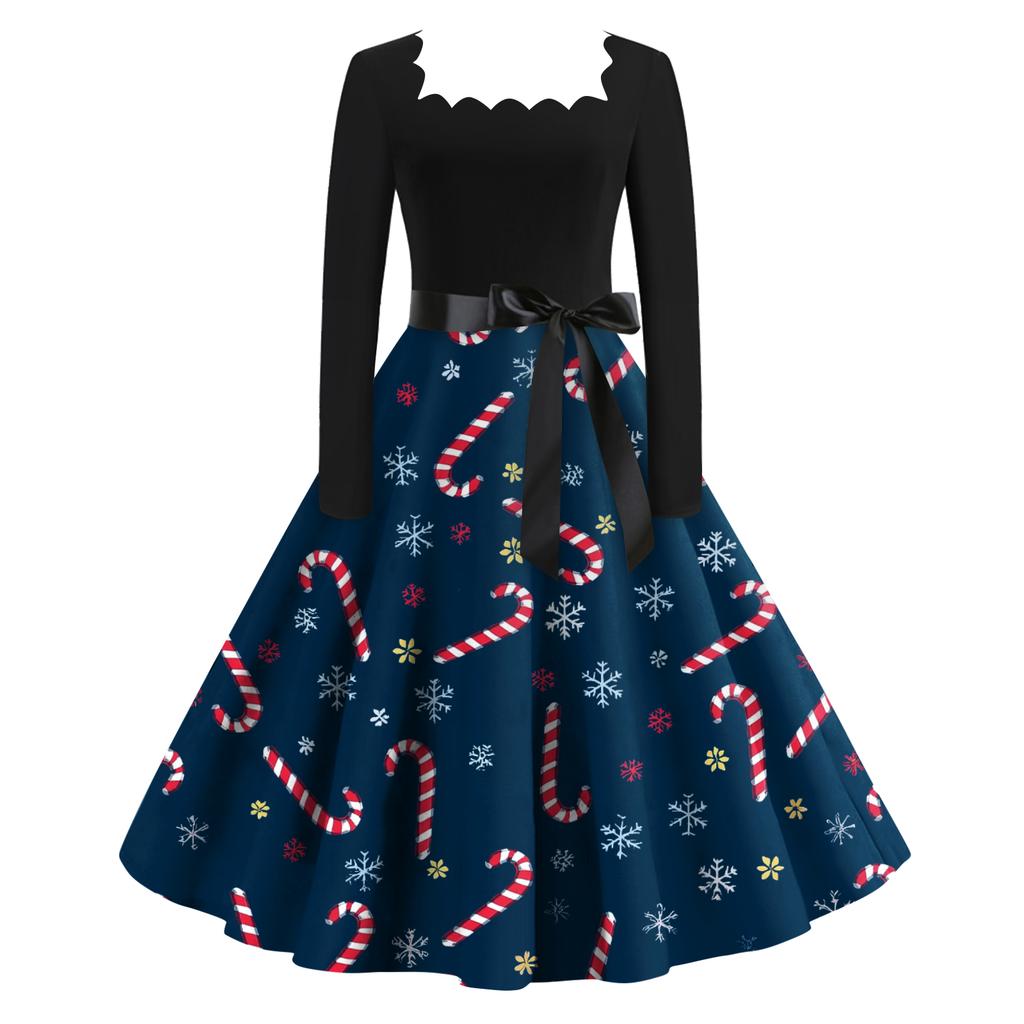 Женское модное ретро вечернее платье с длинным рукавом, квадратным вырезом и рождественским принтом