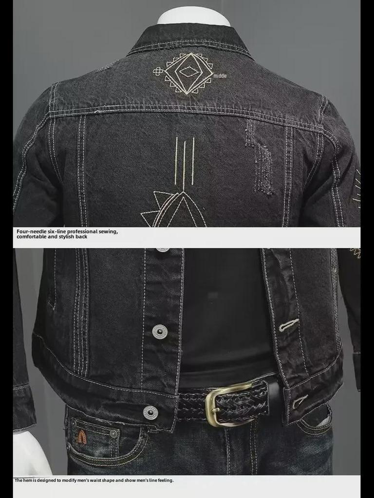 Мужская джинсовая куртка с вышивкой в стиле ретро — европейский и американский стиль, с лацканами, повседневная, свободного кроя, для уличной моды на осень/зиму.