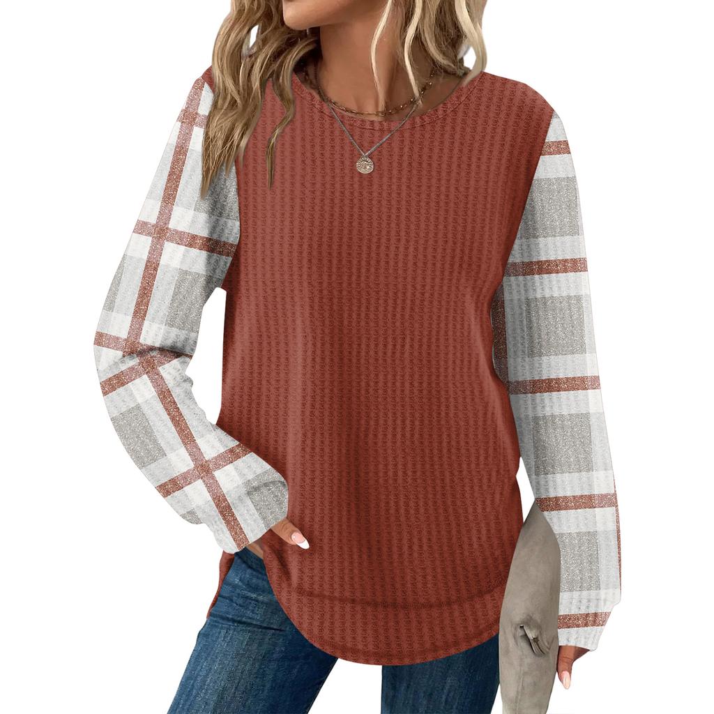 Женский повседневный топ свободного кроя с круглым вырезом и длинными рукавами в клетку