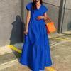 Women Summer Dress Loose V-neck Patchwork Short Sleeves Party Wearing A-line Full Length Lady Maxi Dress Female Clothes