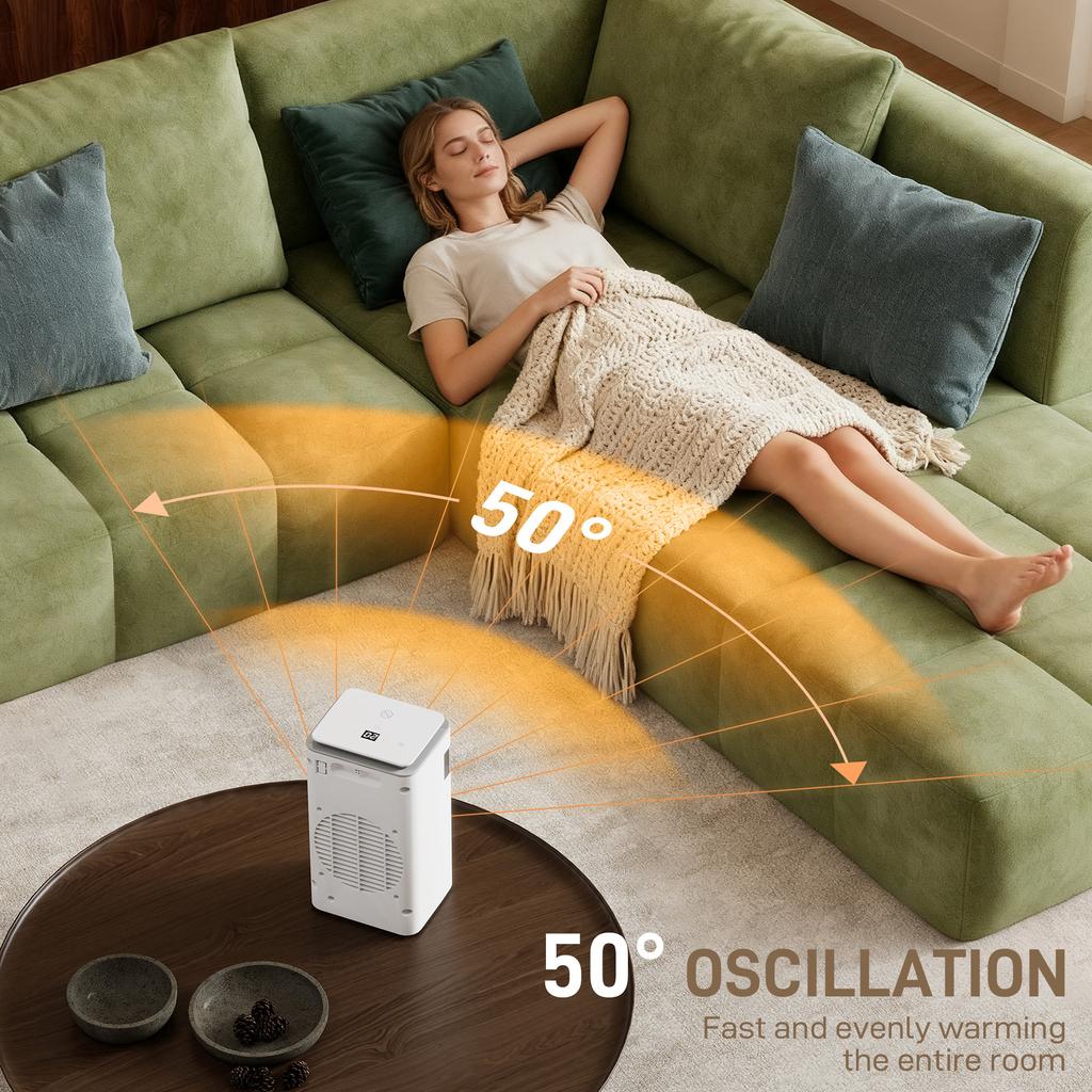 Ceramic Electric Heater, 1500W Fan Space Heater with 3 Modes, 24H Timer, Flame Effect, Oscillation for Bedroom, White