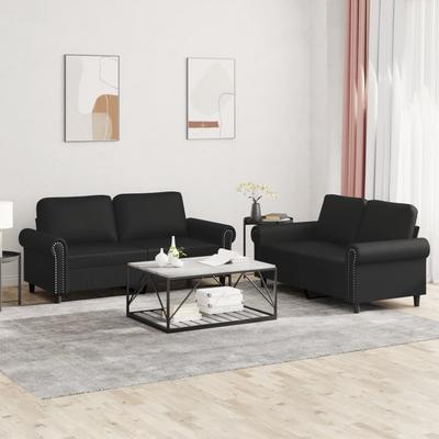 vidaXL 2-tlg. Sofagarnitur Mit Kissen Schwarz Kunstleder