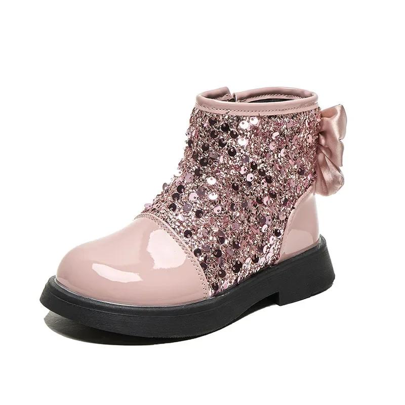Children Short Boots for Girls Autuumn Winter New Fashion Korean Princess Bowtie Party Outside Versatile Leather Shoe