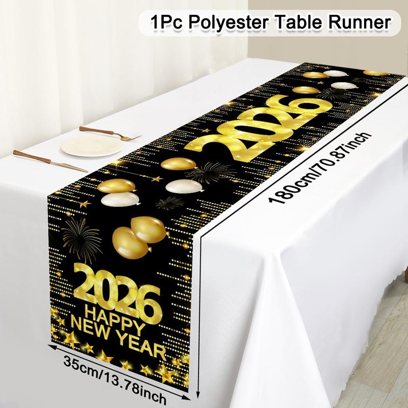 2026 Happy New Year Table Runner Fireworks Champagne Polyester Table Cover For New Year Party Kitchen Dining Table Decorations