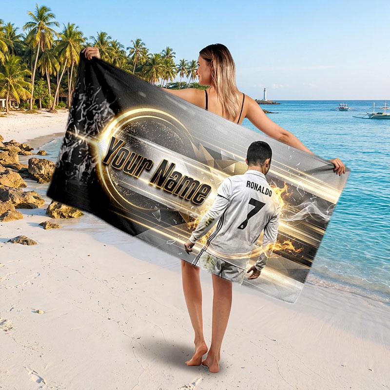 Cristiano Ronaldo Custom Beach Towel, Personalized Name Text Print, Football Logo Soft Quick‑Dry Towel Holiday Gift
