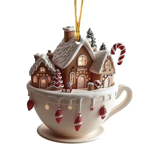 Украшение в виде кофейной чашки, акриловый снег, пряничный домик, елочное украшение, праздничное украшение для елки, брелок для рюкзака