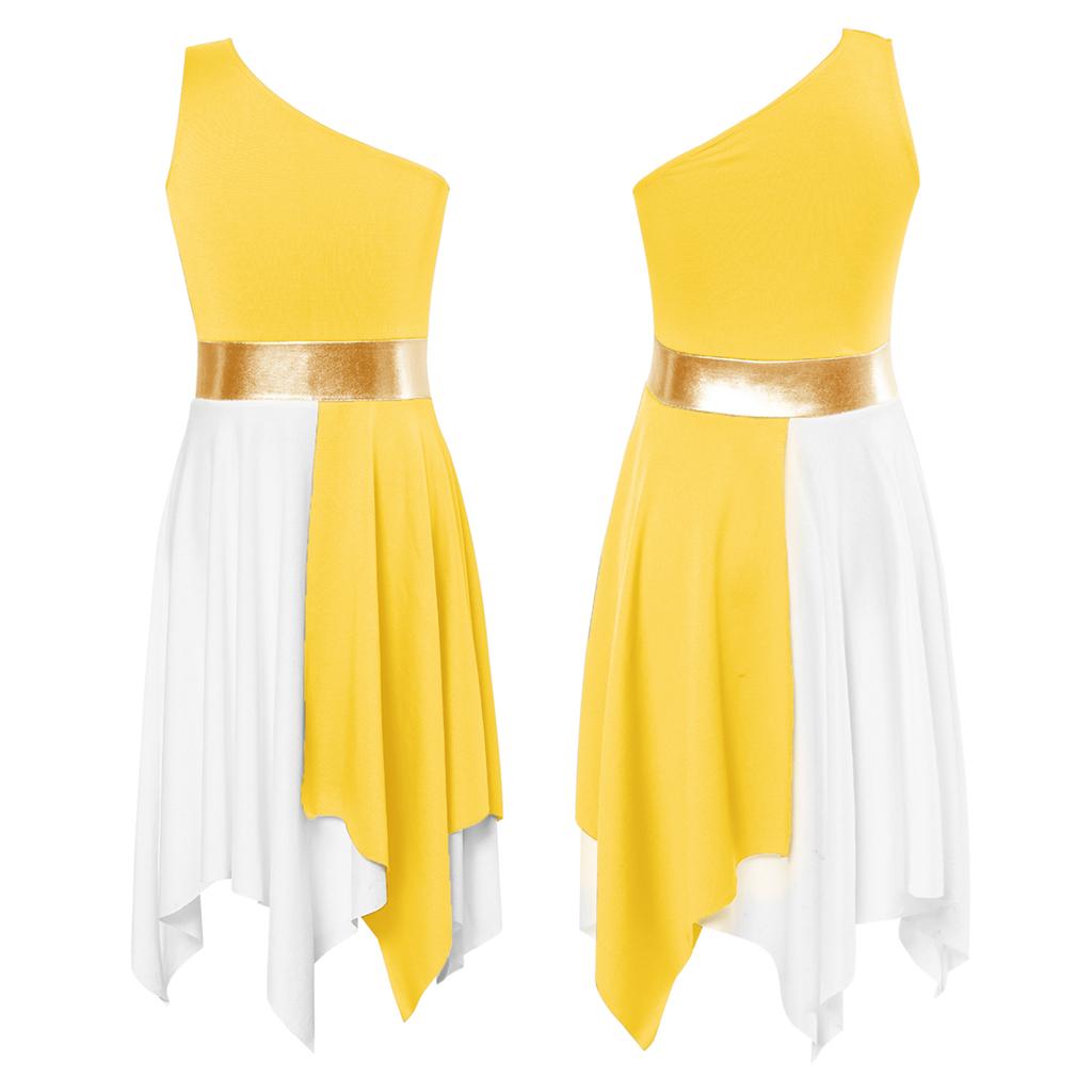 Детские лирические танцевальные костюмы без рукавов для девочек, асимметричное балетное платье контрастного цвета для фигурного катания