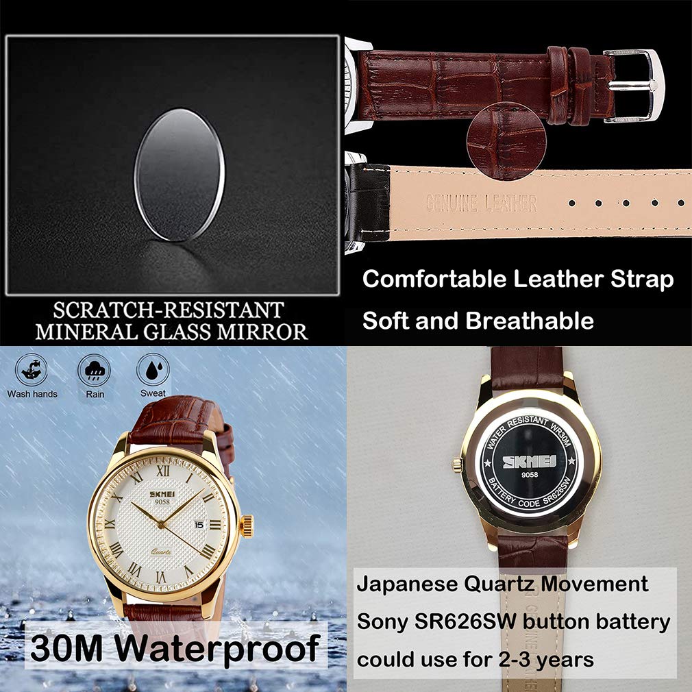 Watch Business Arm Watch Waterproof Brown Leather Belt Quartz Analog Stylish Classic Casual Simple Date Day of the Week Lightweight Watch Day Gift