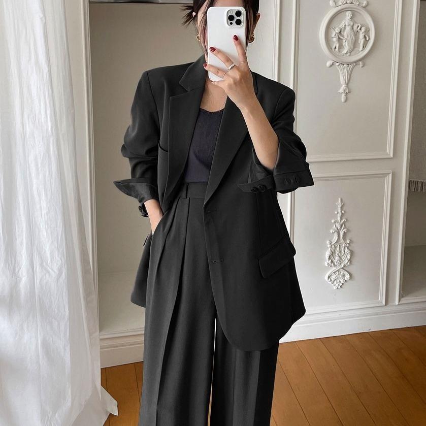 Женский костюм премиум-класса, британский стиль, весна-осень, брюки широкие, комплект из двух предметов, корейская минималистичная мода