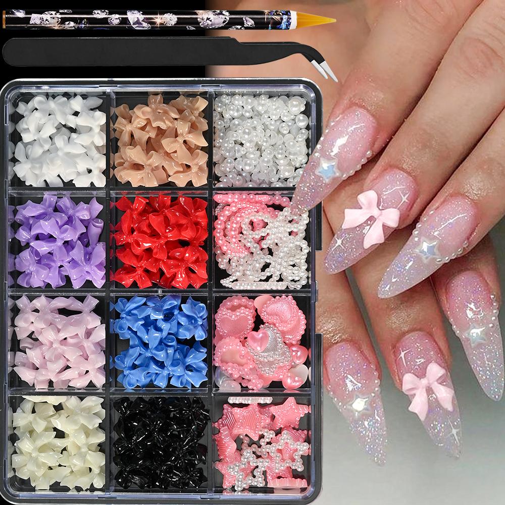 Kawaii Colorful Mixed Resin Rhinestone Nail Art Charms Bowknot Pearls Kit DIY Manicure Decorations Box With Wax Pen Tweezers