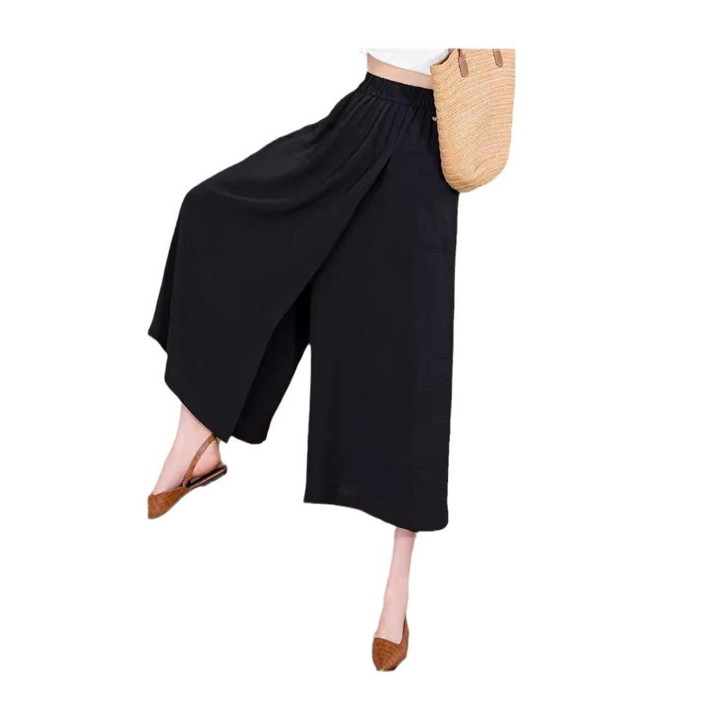 Summer Thin Style Loose High Waist Slit Lazy Style Casual Skirt Pants Hips and Thighs Thick Slimming Eight-point Wide-leg Pants for Women