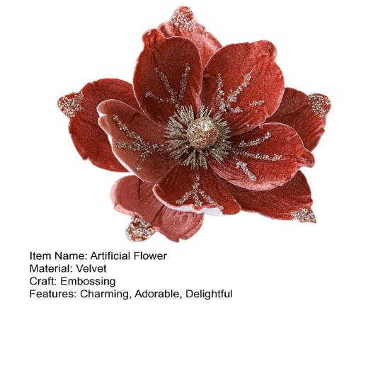 Artificial Poinsettia Flower Picks Velvet Glitter Magnolia Flower with Stem Christmas Tree Ornaments for Xmas New Year Party Wedding Holiday Decor