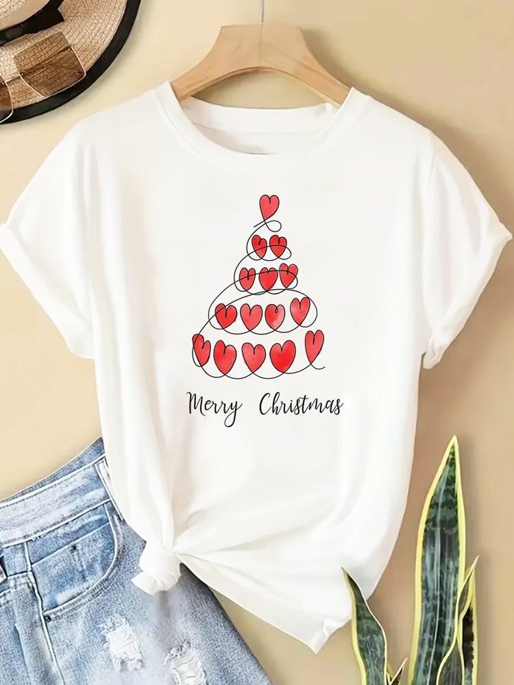 (Asian Size) New Year T Clothing Short Sleeve T-shirts  Print Merry Christmas Plaid Tree Style O-neck Women's Top Fashion Holiday Graphic Tee