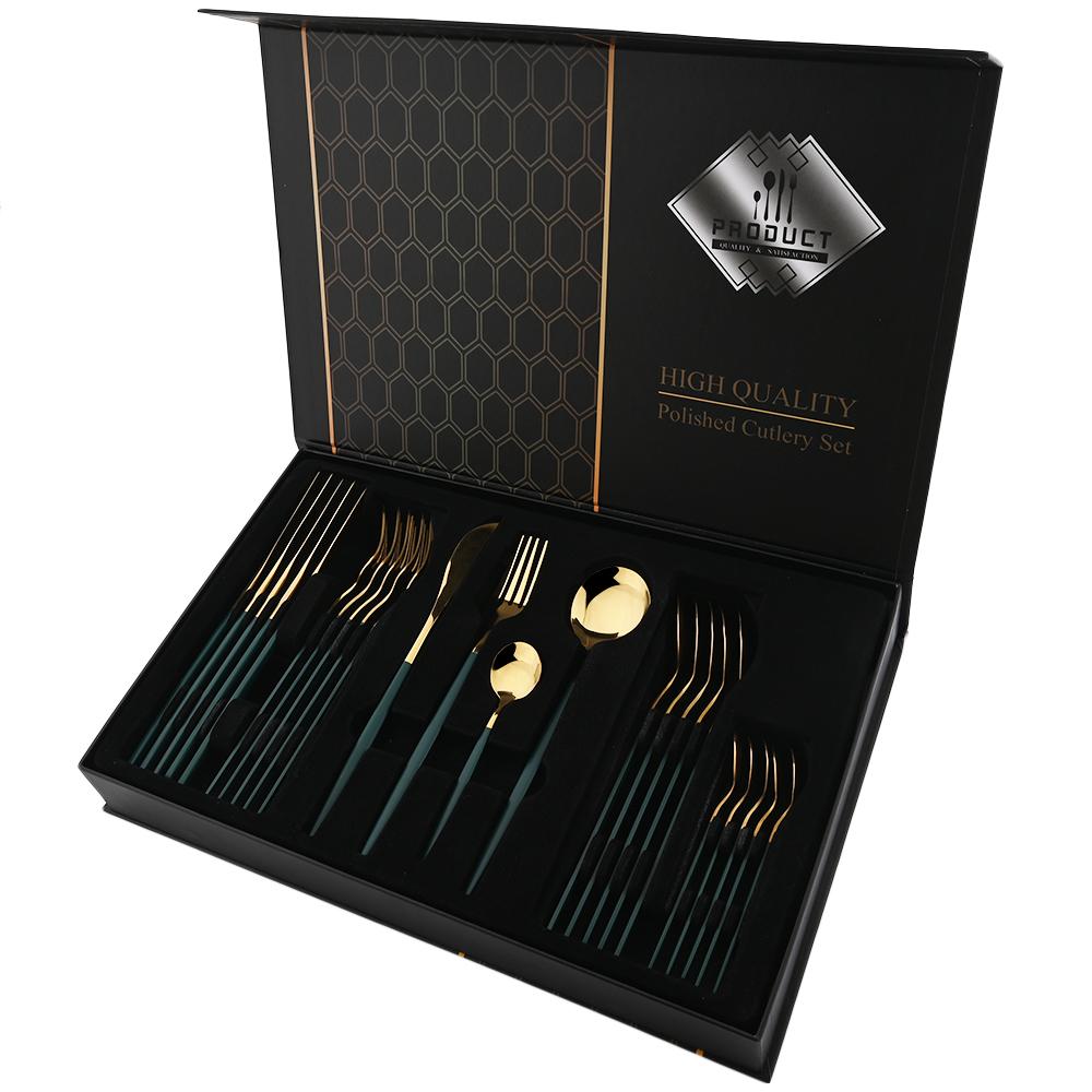 24 шт. золотой набор столовой посуды, набор посуды из нержавеющей стали, нож, вилка, ложка, роскошный набор столовых приборов, кухонные столовые приборы с коробкой, можно мыть в посудомоечной машине
