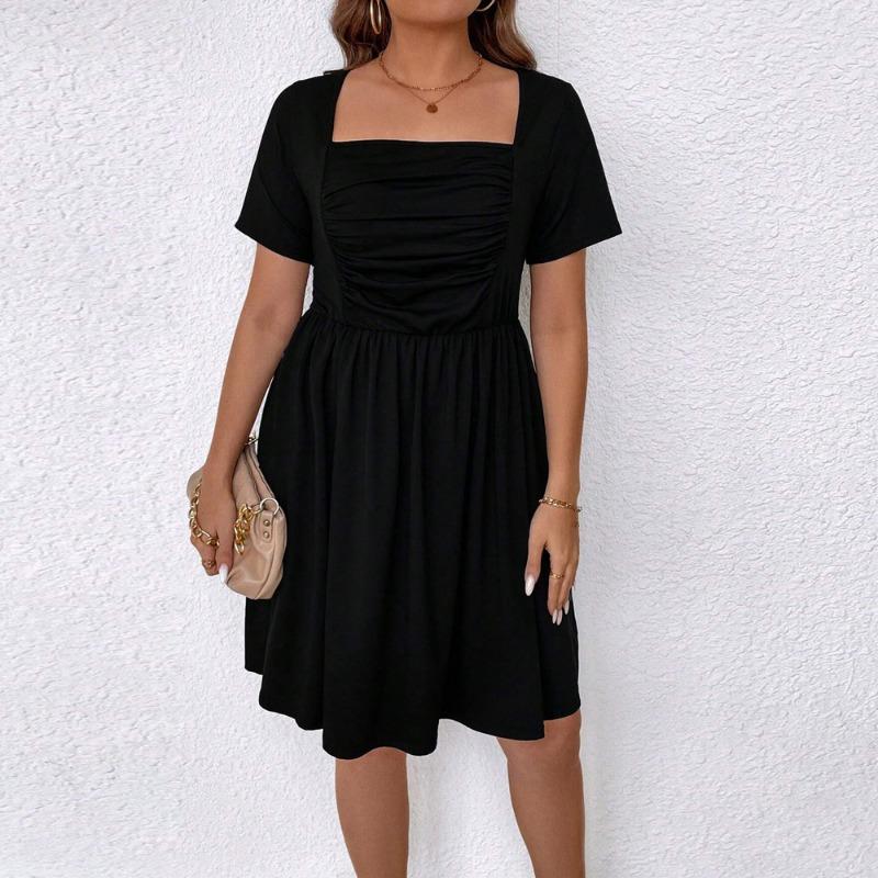 Summer Casual Short Sleeve Dresses Fold Design Solid Color Dress Women's Square Neck Black Dress Loose High Waist Dress Commuter Fashion Dresses