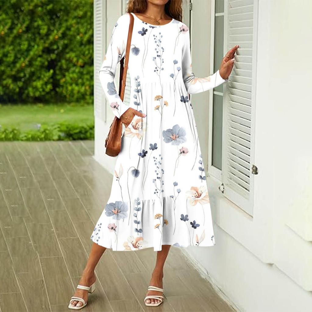 Женское повседневное платье с принтом, весна-осень, карман, круглый вырез, длинные рукава, платья