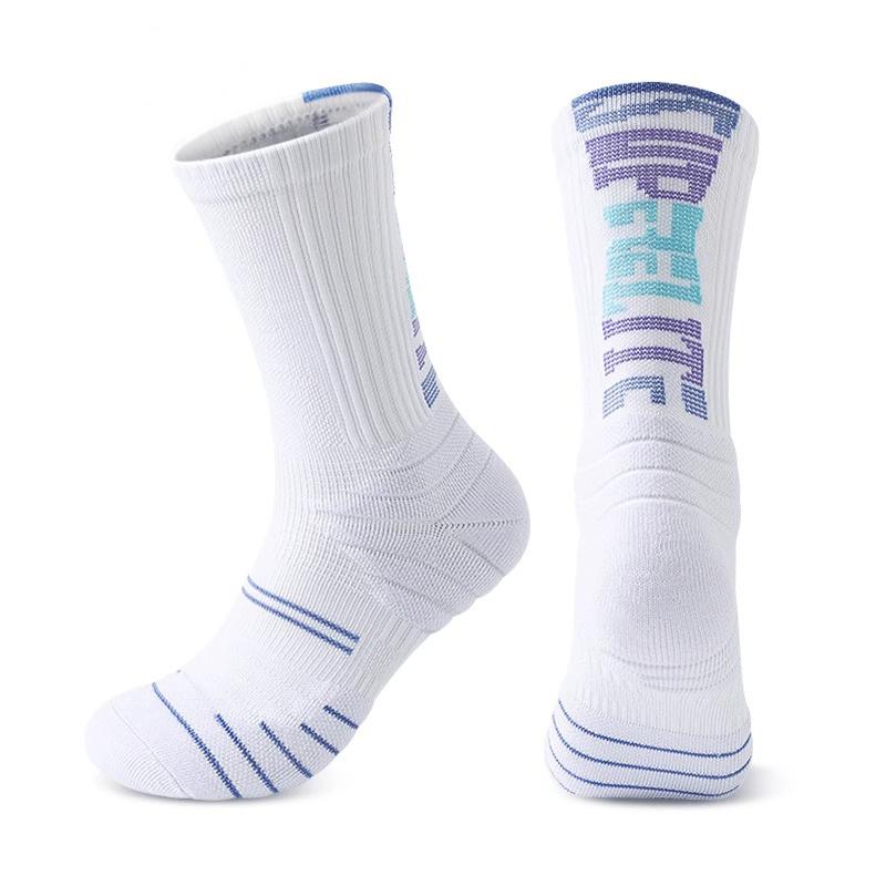 Men's and Women's Breathable Ankle Support Basketball Socks with Terry Bottom - Pure White Blue Bird Design