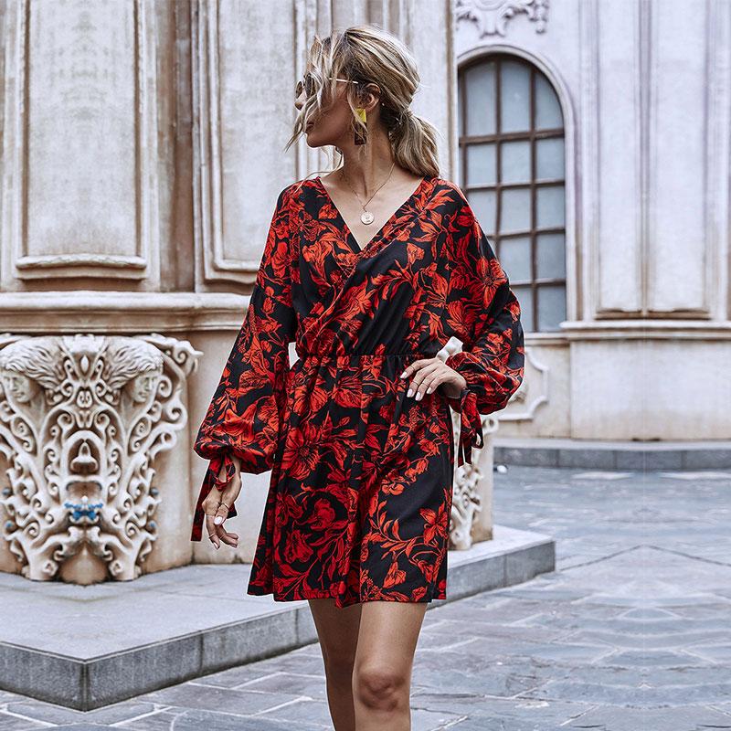 Женское повседневное платье на осень и весну, короткое мини-трапеция с высокой талией и v-образным вырезом на шнуровке с длинными рукавами и свободным принтом, черный S-XL