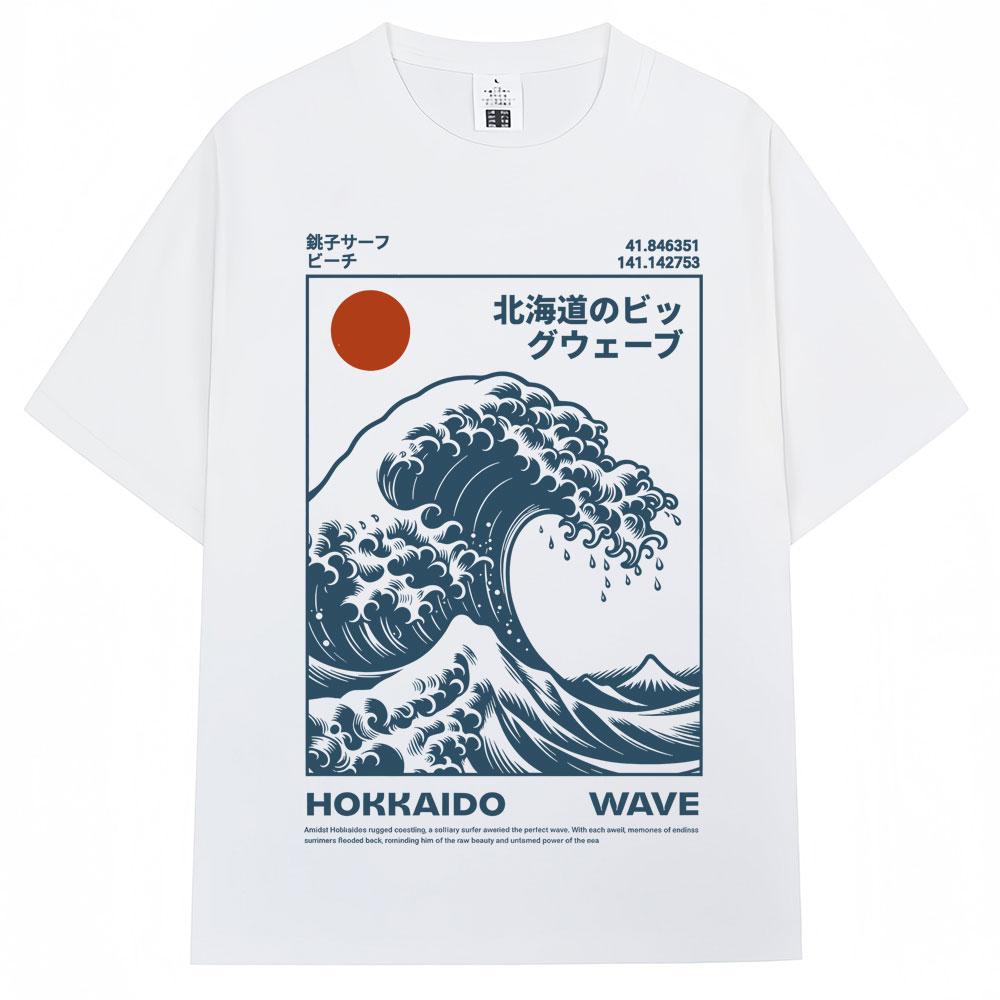 Japanese Style Hokkaido Wave Vintage Tshirt Men Women Harajuku Fashion High Quality T Shirts Oversized Cotton Summer Tee Shirt