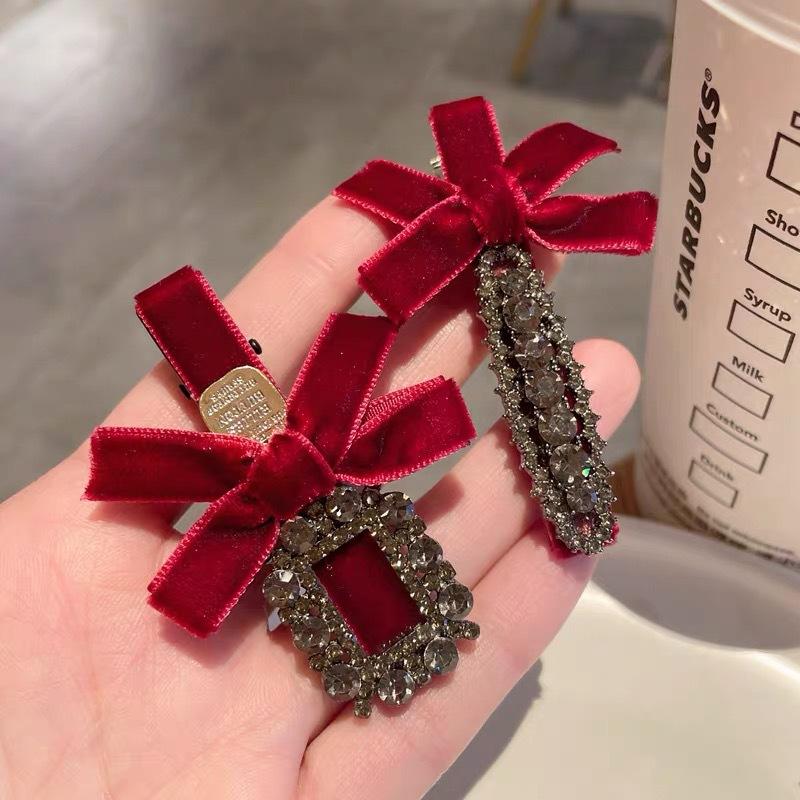 2 шт. Милые заколки для волос с бантиками и стразами для девочек, кавайные, милые головные уборы, бархатные заколки-бантики типа «утиный клюв», детские боковые заколки, заколка для челки