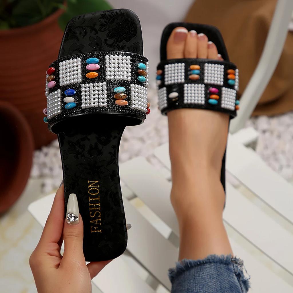 Fashion Summer Sandals Women New Summer Flat Sandals Shoes Female Designer Square Toe Bling Luxury Slippers Zapatos De Mujer