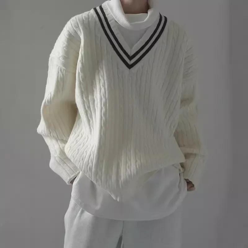 2025 Men's Retro Japanese V-Neck Twisted Knit Sweater - Soft, Loose Fit