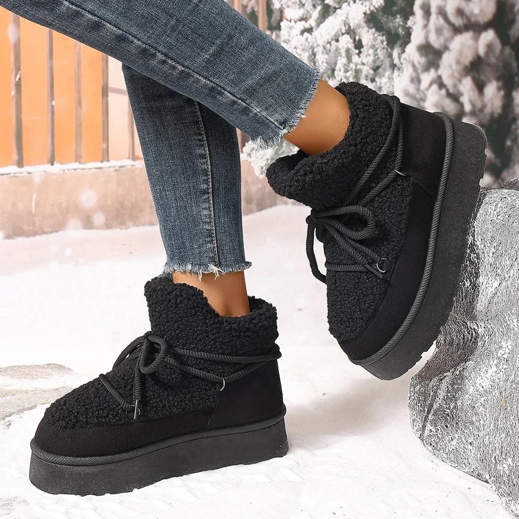 Fashion Women's Chunky Fluffy Fur Lace Up Winter Boots New Faux Shearling Warm Comfort Ankle Boots Anti-slip Platform Snow Booties