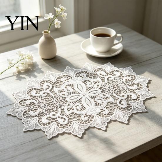 Rectangular Lace Mats for Coffee Tables White Doily, Elegant Retro Placemat, Embroidered Table Decorative Centerpiece Dining Mat, Round Oval