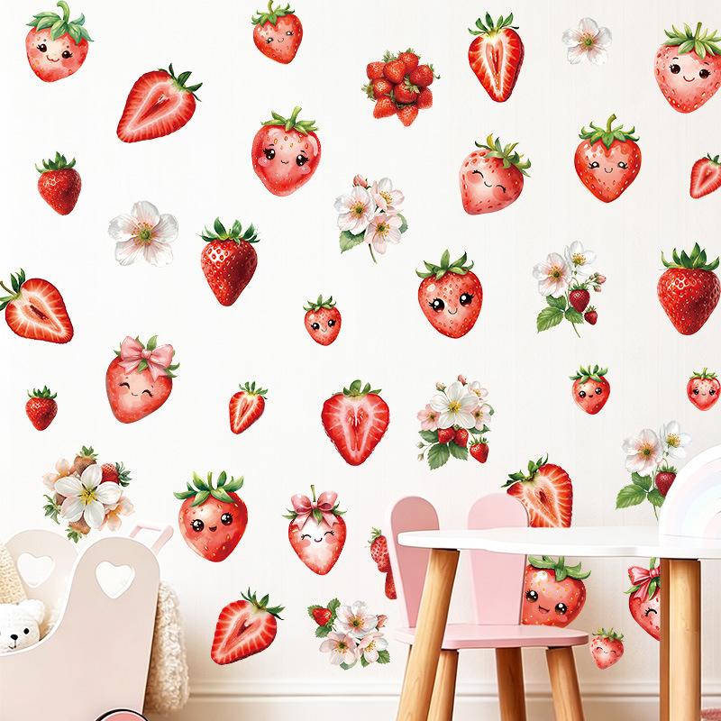 Small Fresh Strawberry Cartoon Wall Sticker Summer Fruit Flower Self-adhesive Pvc Sticker Kitchen Living Room Wall Decoration