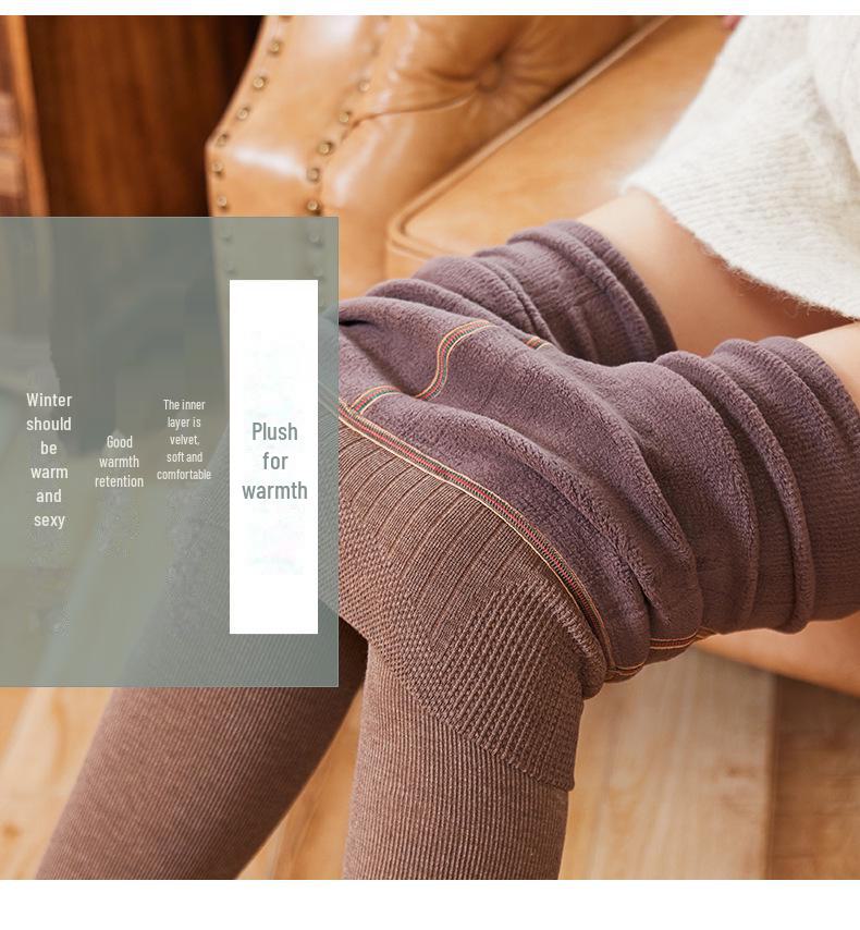 1900D Cotton Vertical Striped High-Waist Leggings with Plus Velvet, Skin-Tone, Slightly Compressive, for a Slim Look, Women's Footed Pantyhose.