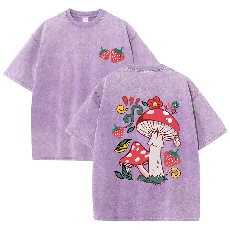 Красивые грибы и вкусные клубники принт стираные женские футболки летние хлопковые футболки с круглым вырезом верхняя модная одежда