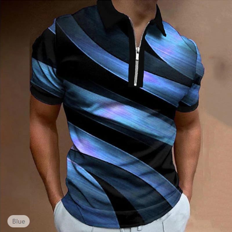 Повседневная футболка с лацканами, молодежная модная футболка с застежкой-молнией, футболка с коротким рукавом, мужская футболка с диагональным принтом 3D