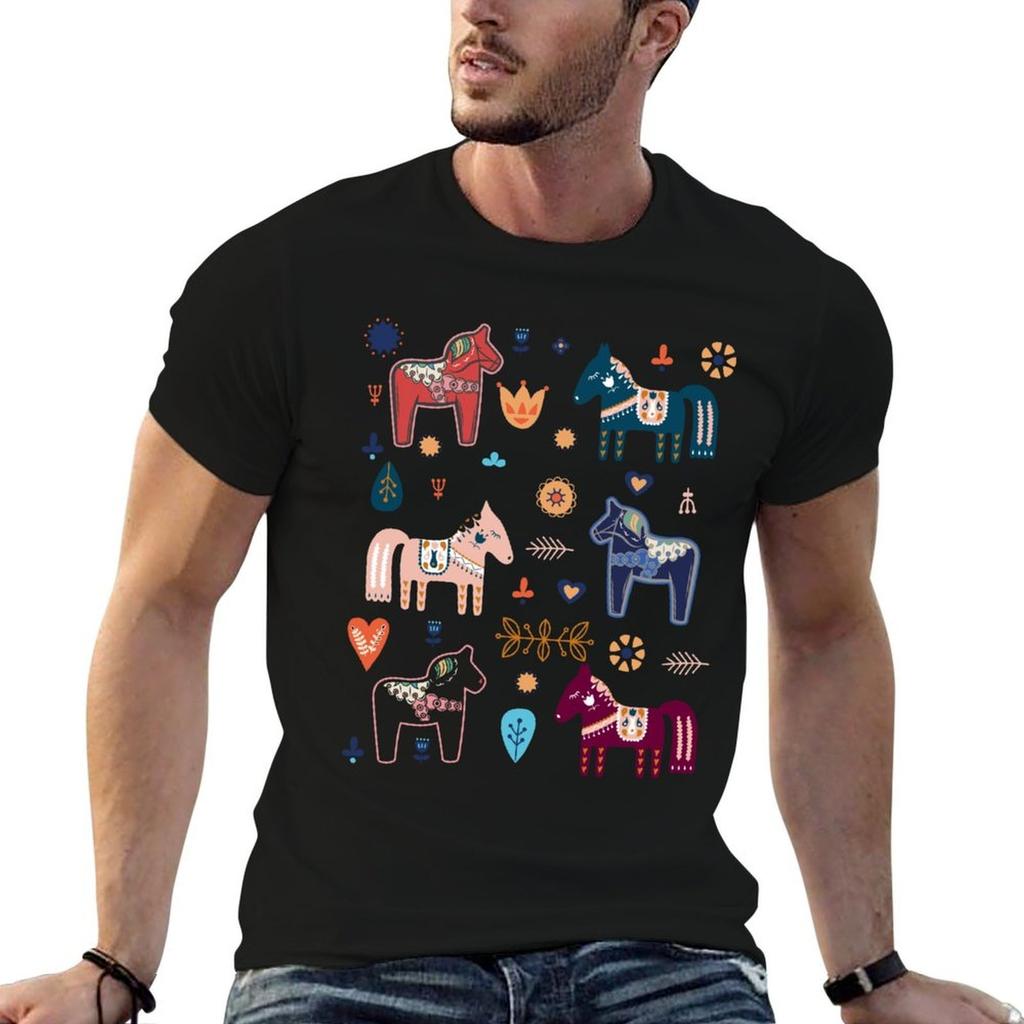 Dala Horses Sweden Horse Swedish Colorful Dala T-Shirt Work Wear Simple Tee Shirt