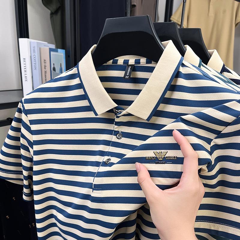 Мужская дышащая рубашка поло из шелка Mulberry, полосатая футболка в отцовском стиле, свободный топ с лацканами