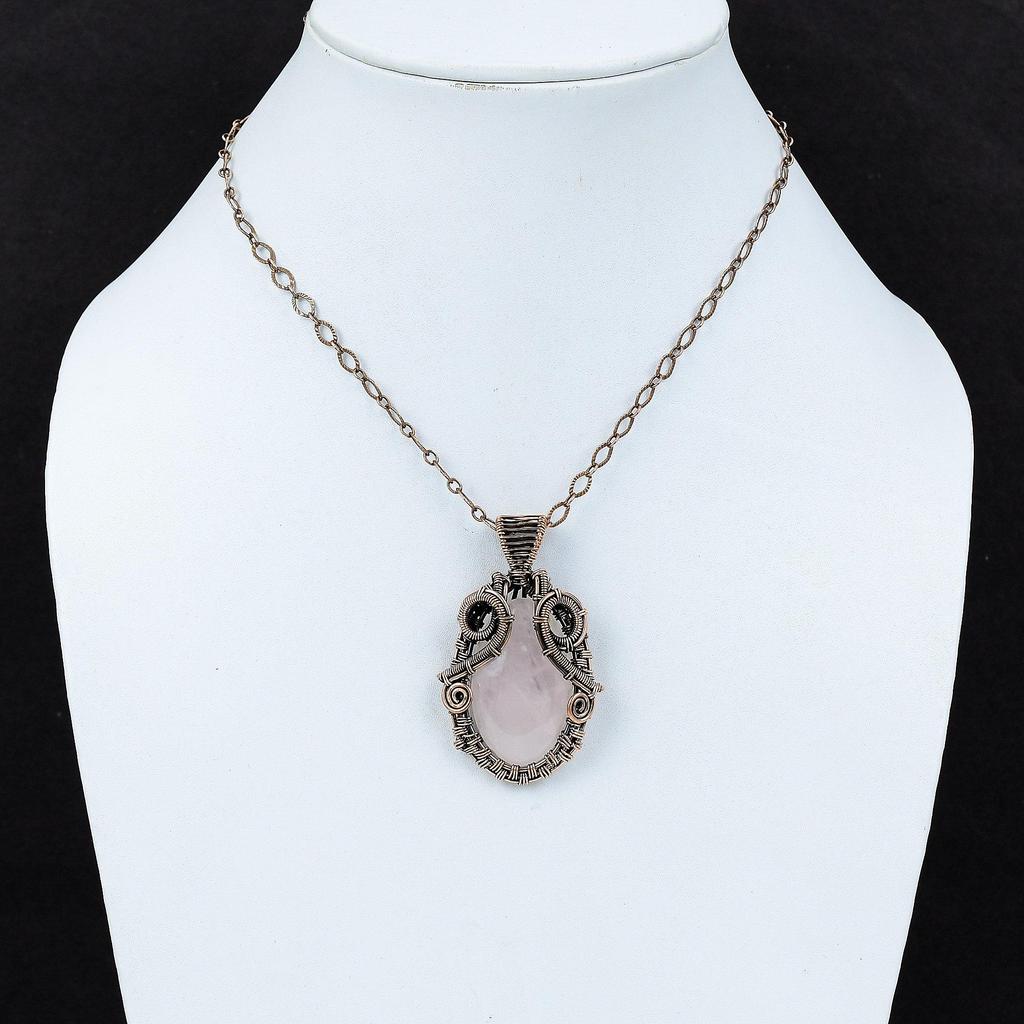 Кулон из розового кварца, медная проволока, кулон из розового кварца, медные украшения, кулон ручной работы, ювелирные изделия из проволоки, кулон с драгоценным камнем для подарка