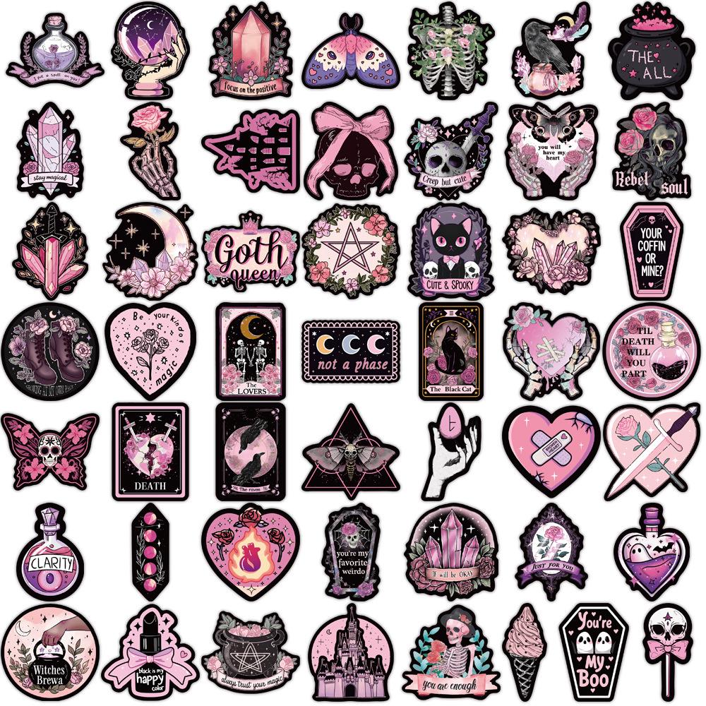 50-Piece Set: Black & Pink Gothic Graffiti Stickers for Luggage, Water Bottles, Notebooks, Fridges, and Skateboards