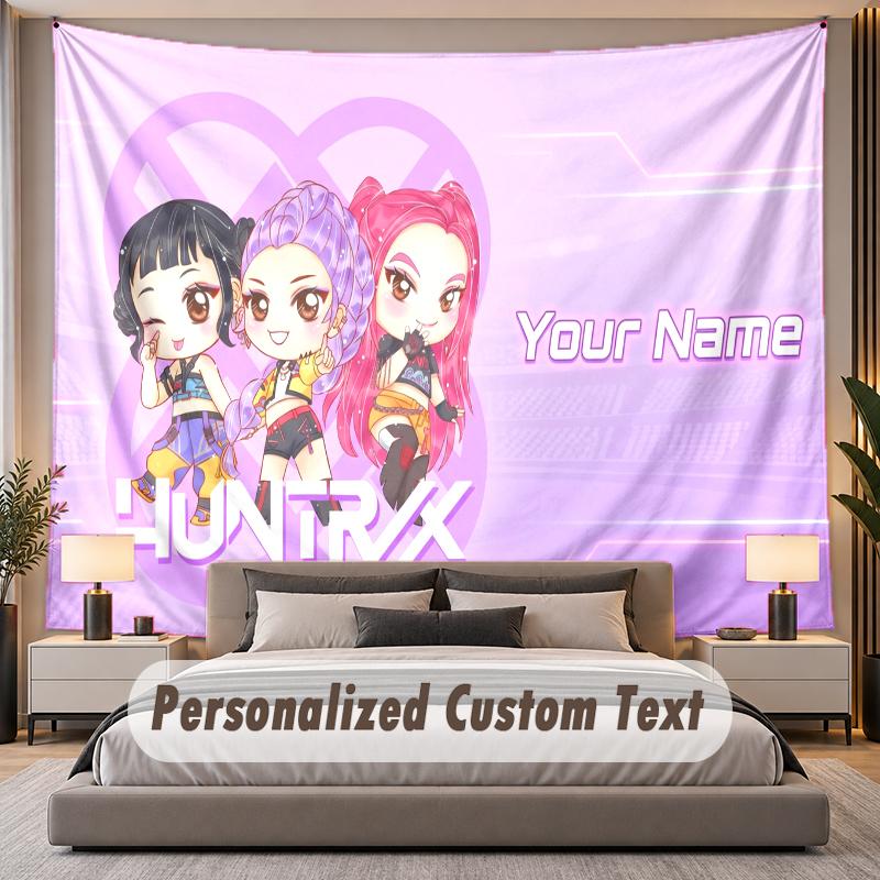 Custom Name Text Tapestry Kpop Demon Hunters Personalized Polyester Wall Tapestry For Bedroom And Room