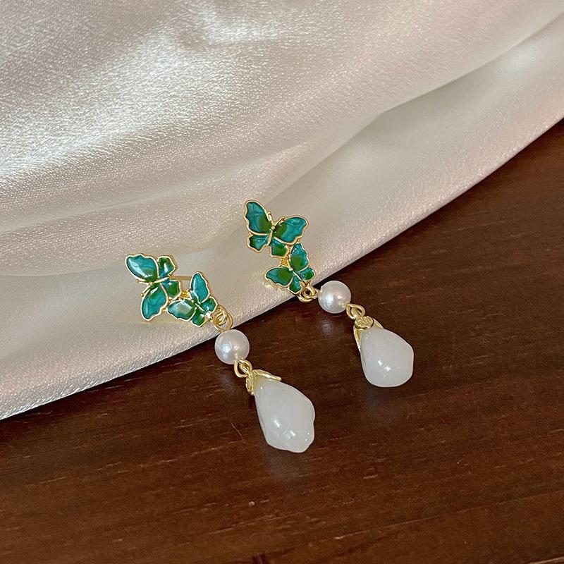 Новые роскошные изысканные женские серьги с зеленой глазурью и бабочкой, эмалью и жемчугом