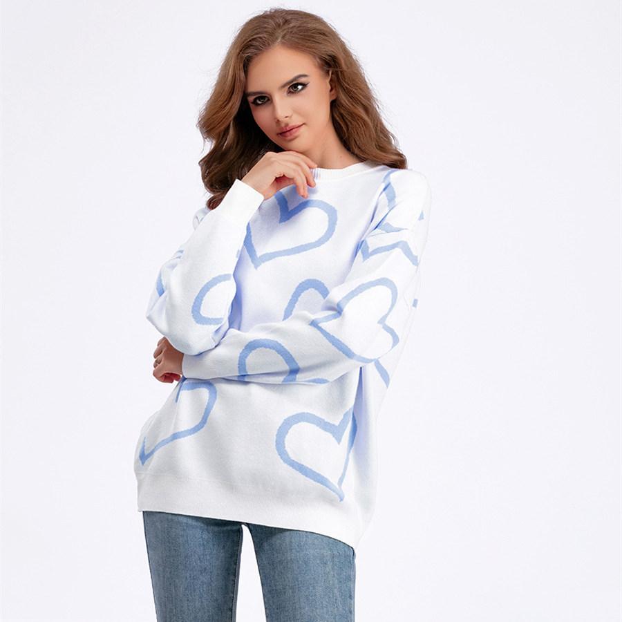 Autumn Winter Round Collar Love Bump Color Sweater Loose Knitted Pullover