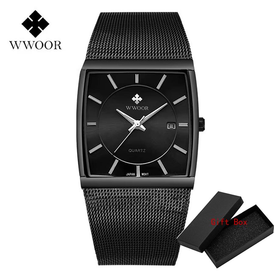 Wwoor Brand Luxury Gold Men Square Japan Quartz Slim Mesh Steel Waterproof Sports Automatic Date Wrist Watches Relogio Masculino