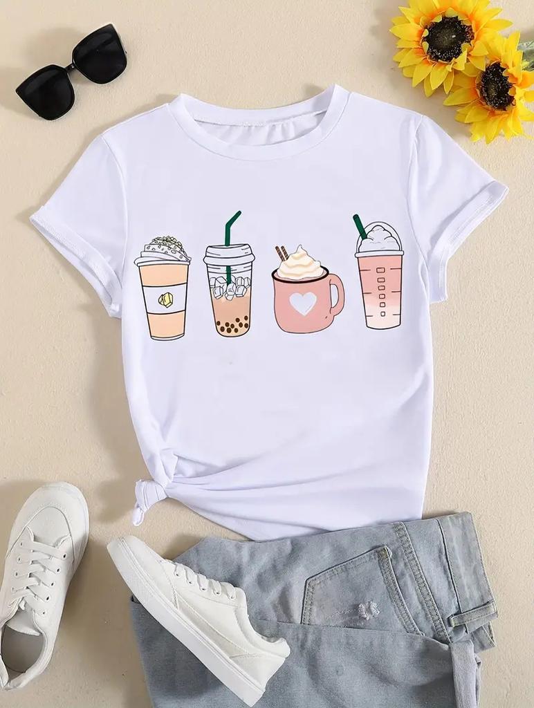 Модная женская повседневная белая футболка с 6 персонализированными принтами, круглым вырезом, короткими рукавами